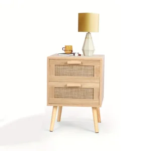 Rattan Nightstand Set, Wooden End Table With 2 Drawers, Solid Wood Legs